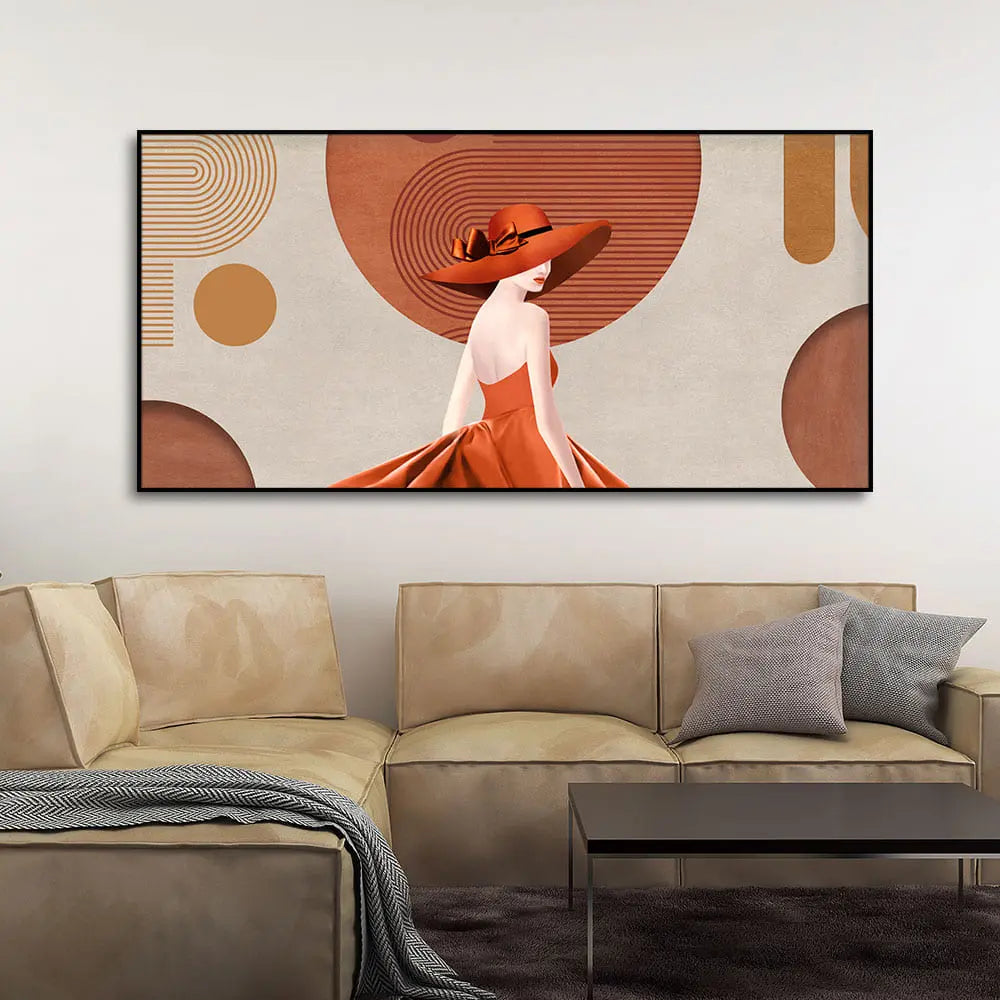 Lady Wearing Orange Hat and Dress Premium Wall Painting Decor Mantra