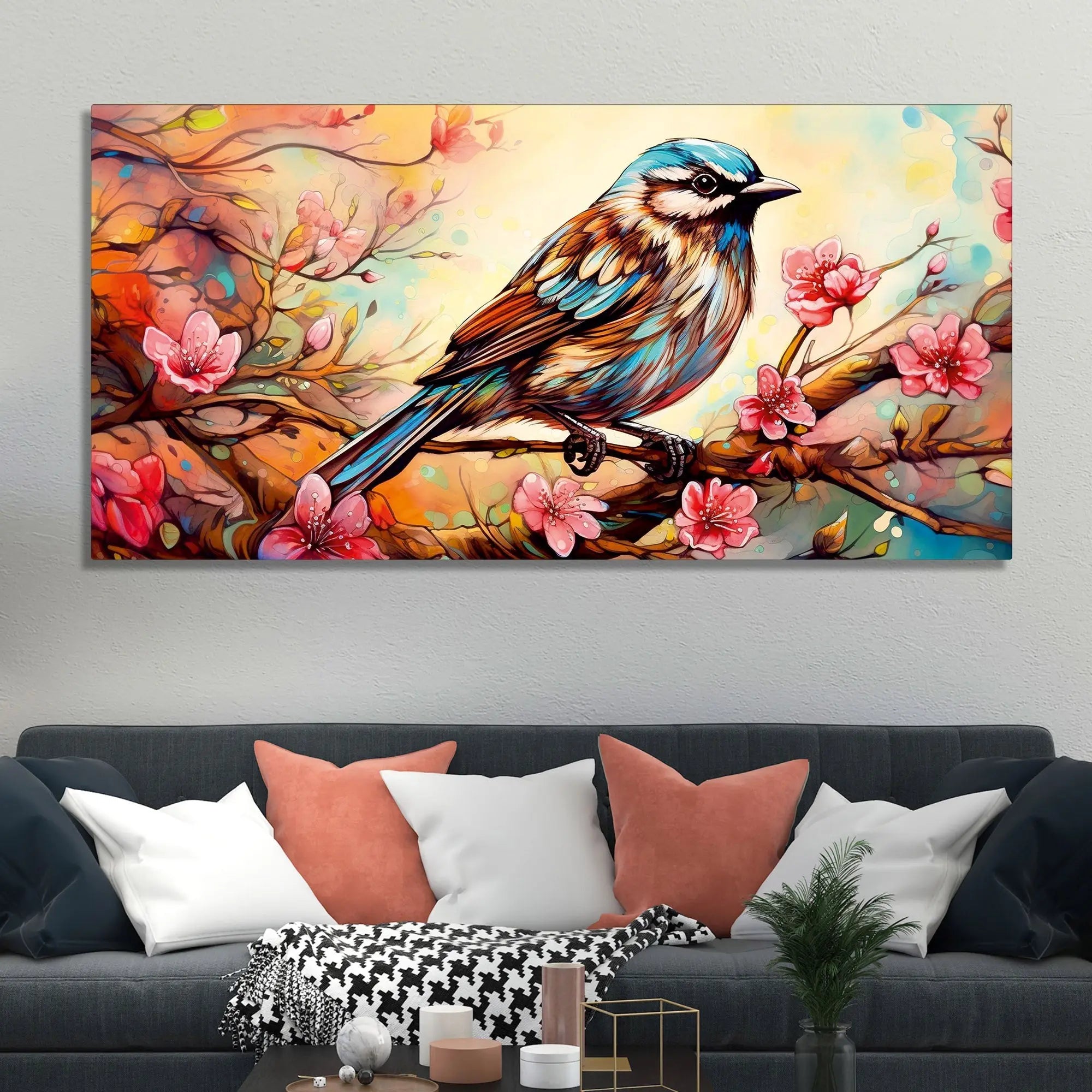 Little Sparrow with bright colored Flower Canvas Wall Painting Harshita Crafts