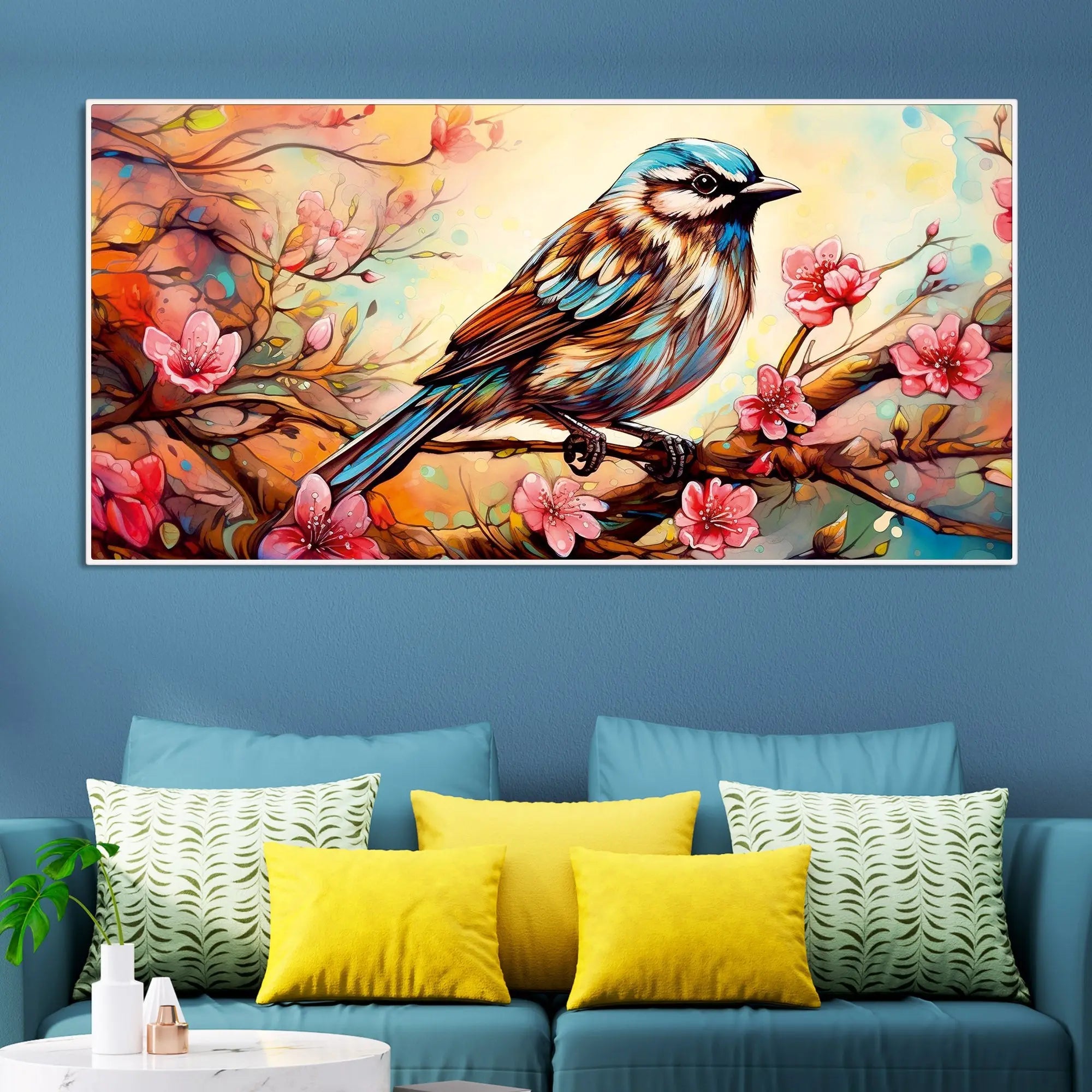 Little Sparrow with bright colored Flower Canvas Wall Painting Harshita Crafts