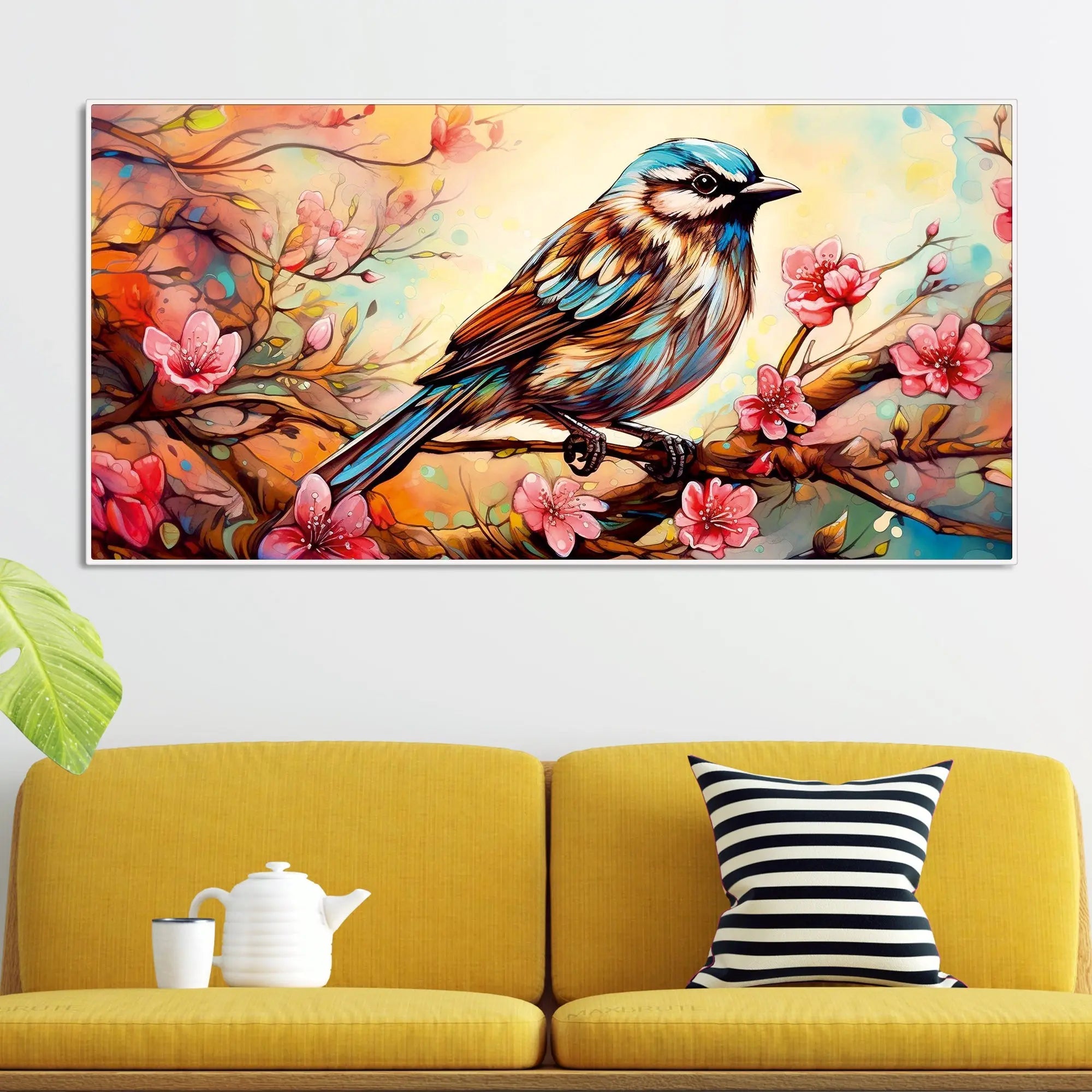Little Sparrow with bright colored Flower Canvas Wall Painting Harshita Crafts
