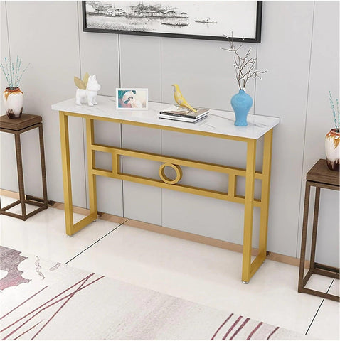 Long Narrow White Gold Marble Console Table - Decor Mantra 