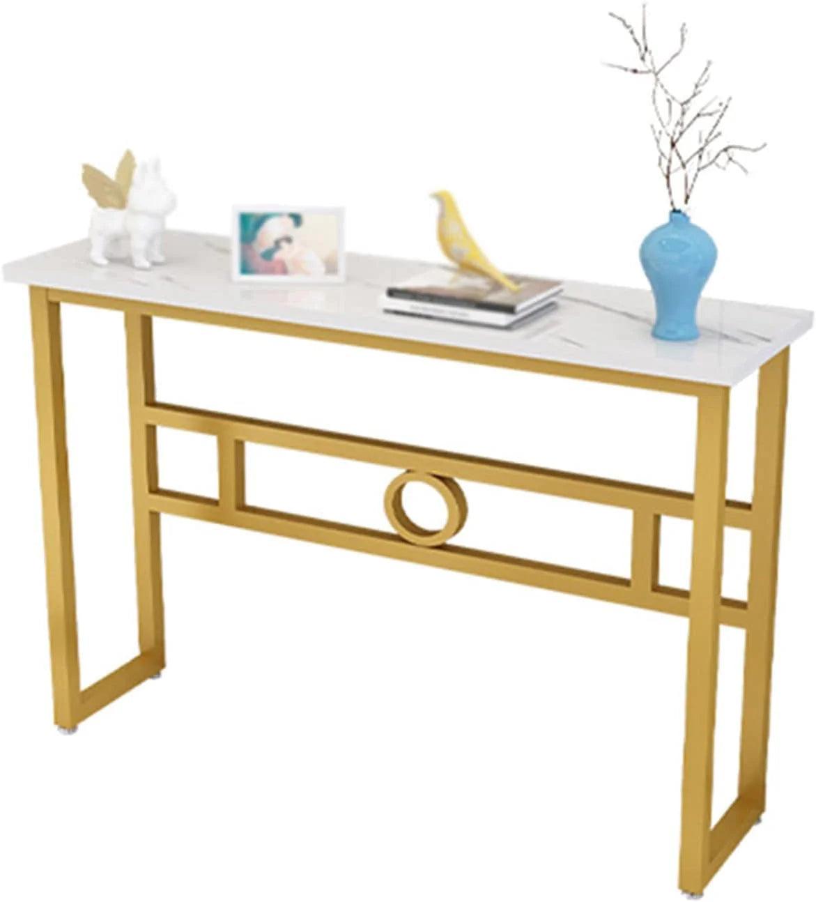 Long Narrow White Gold Marble Console Table - Decor Mantra 