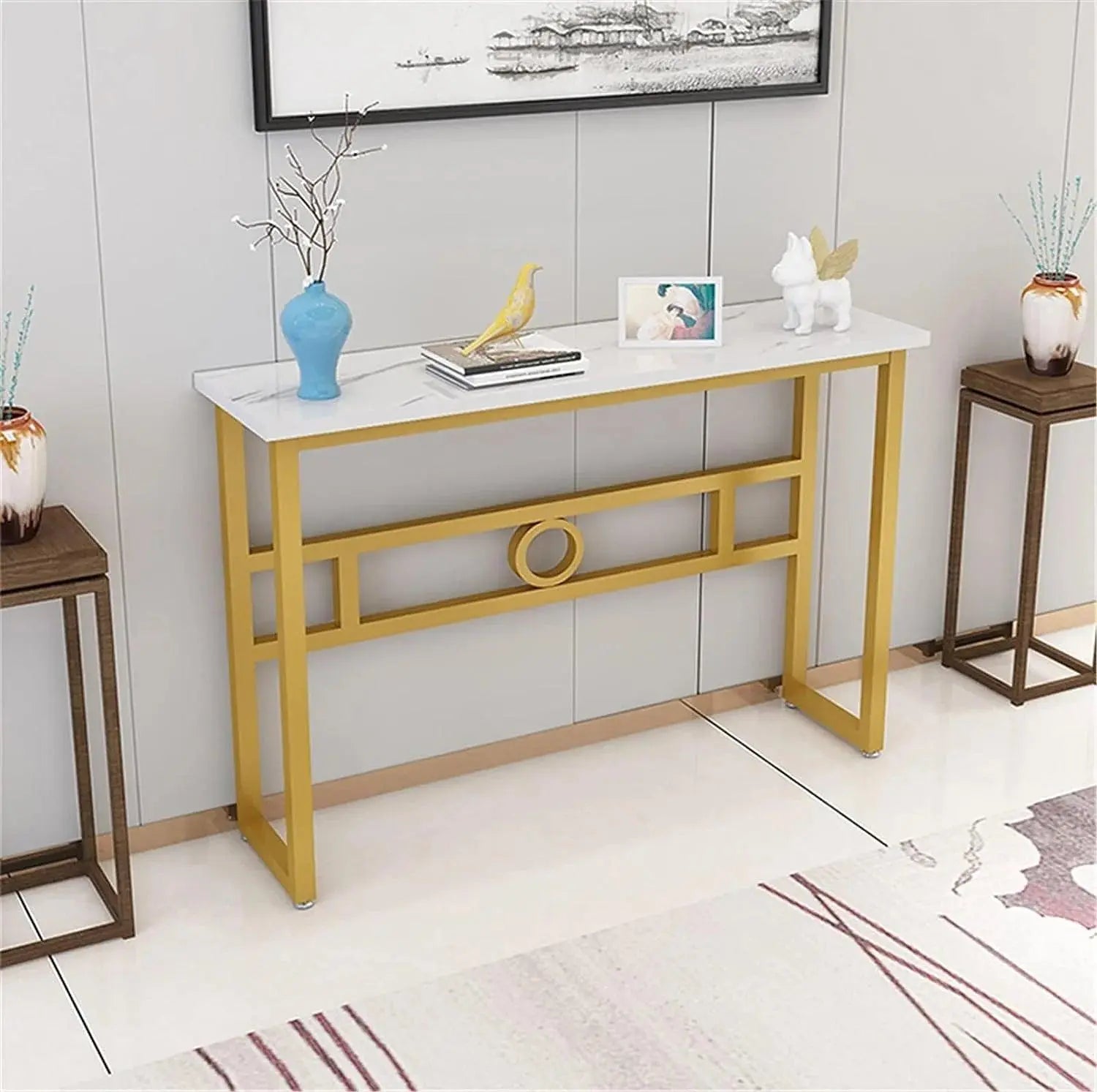 Long Narrow White Gold Marble Console Table - Decor Mantra 
