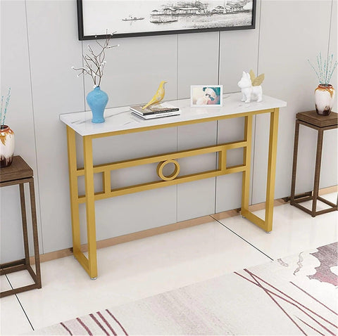 Long Narrow White Gold Marble Console Table - Decor Mantra 