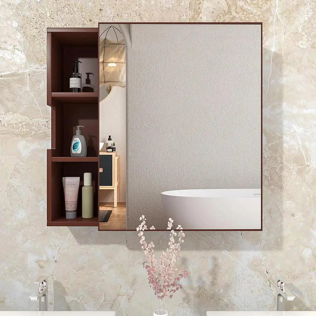 Luxurious Classic Wooden Bathroom Cabinet Mirror with 3 Open Shelves with Brown Finish - Decor Mantra 