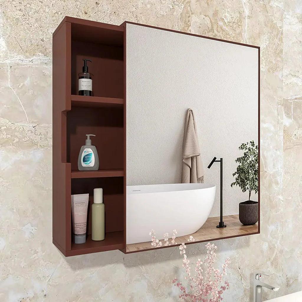 Luxurious Classic Wooden Bathroom Cabinet Mirror with 3 Open Shelves with Brown Finish - Decor Mantra 