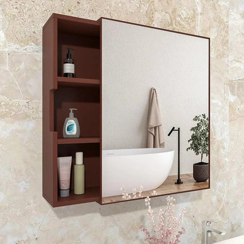 Luxurious Classic Wooden Bathroom Cabinet Mirror with 3 Open Shelves with Brown Finish - Decor Mantra 