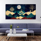 Luxurious Modern Art of Mountains and Golden Tropical leaves Canvas Wall Painting Premium Wall Painting Decor Mantra