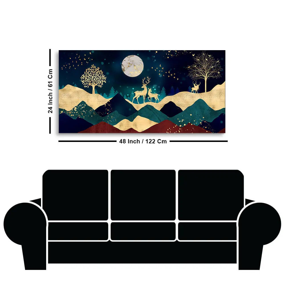 Luxurious Modern Art of Mountains and Golden Tropical leaves Canvas Wall Painting Premium Wall Painting Decor Mantra