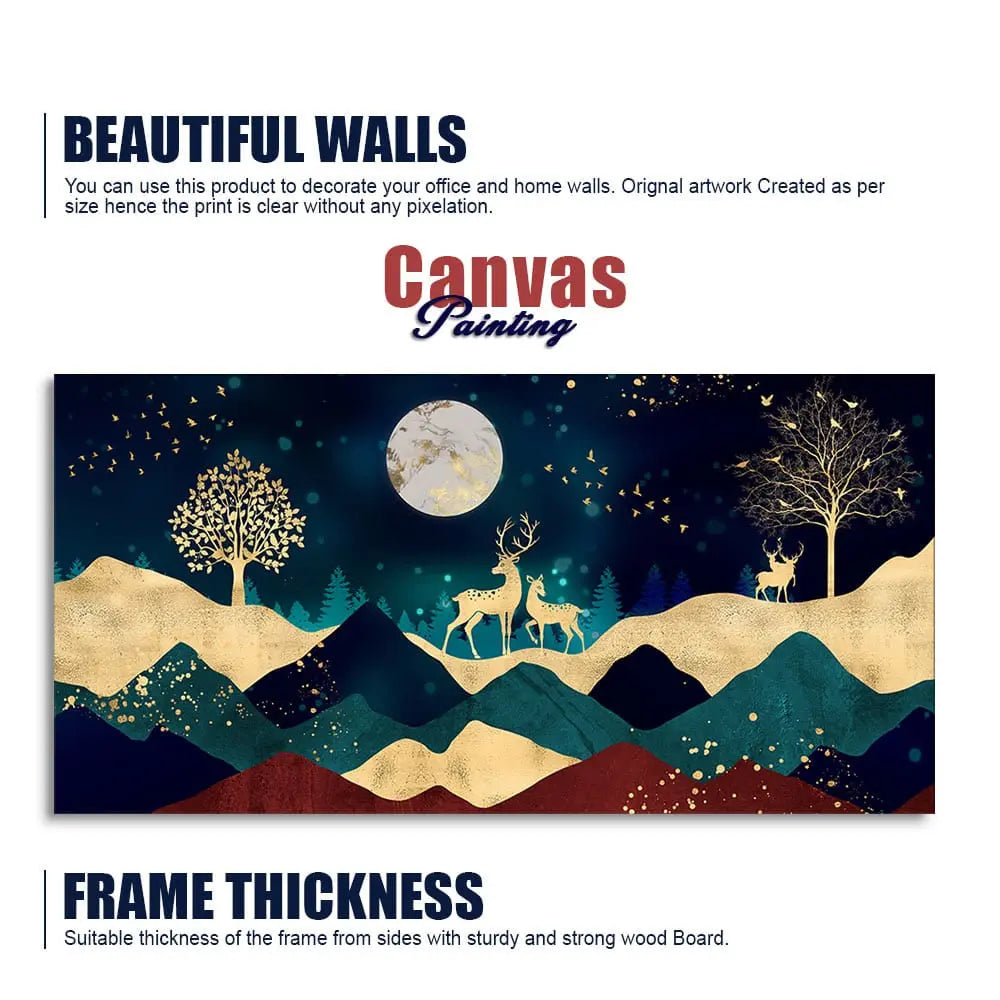 Luxurious Modern Art of Mountains and Golden Tropical leaves Canvas Wall Painting Premium Wall Painting Decor Mantra