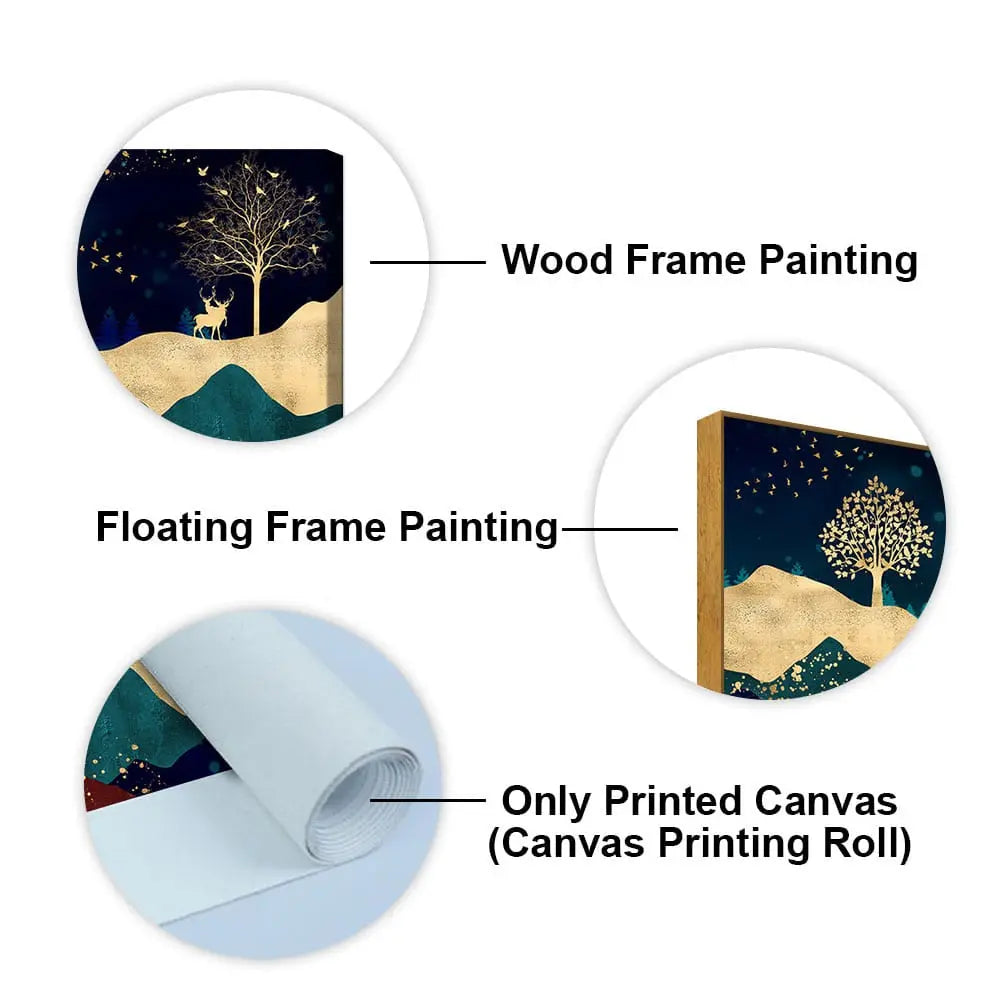 Luxurious Modern Art of Mountains and Golden Tropical leaves Canvas Wall Painting Premium Wall Painting Decor Mantra