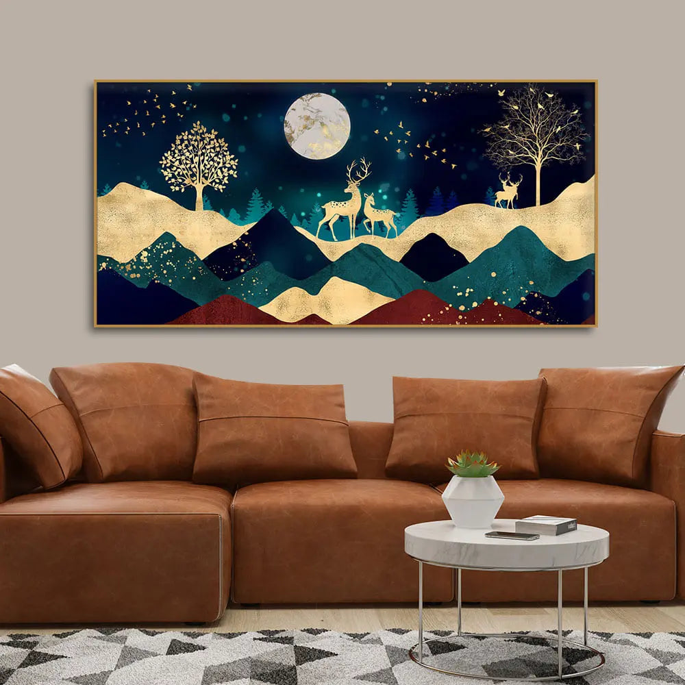 Luxurious Modern Art of Mountains and Golden Tropical leaves Canvas Wall Painting Premium Wall Painting Decor Mantra
