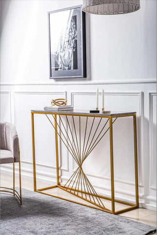 Luxury Marble Wall Console Table In Sleek Golden Rods Design - Decor Mantra 