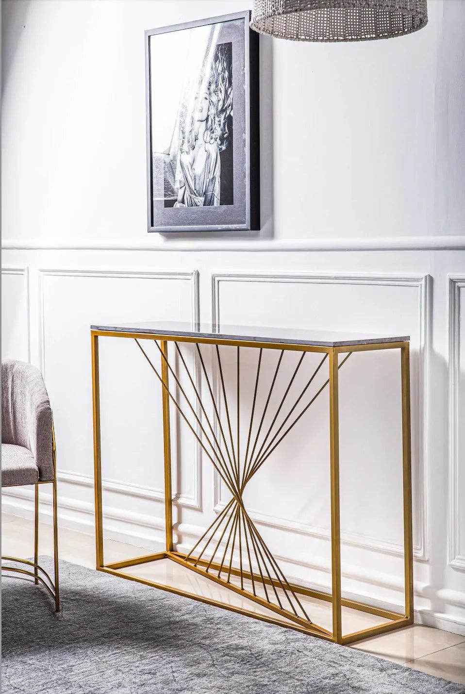 Luxury Marble Wall Console Table In Sleek Golden Rods Design - Decor Mantra 