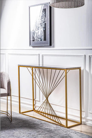 Luxury Marble Wall Console Table In Sleek Golden Rods Design - Decor Mantra 