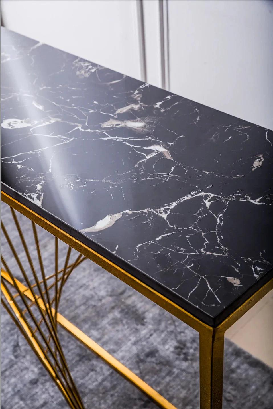 Luxury Marble Wall Console Table In Sleek Golden Rods Design - Decor Mantra 