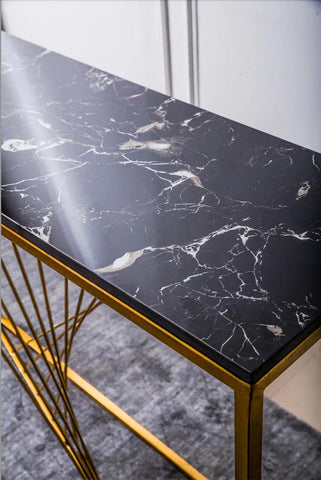 Luxury Marble Wall Console Table In Sleek Golden Rods Design - Decor Mantra 