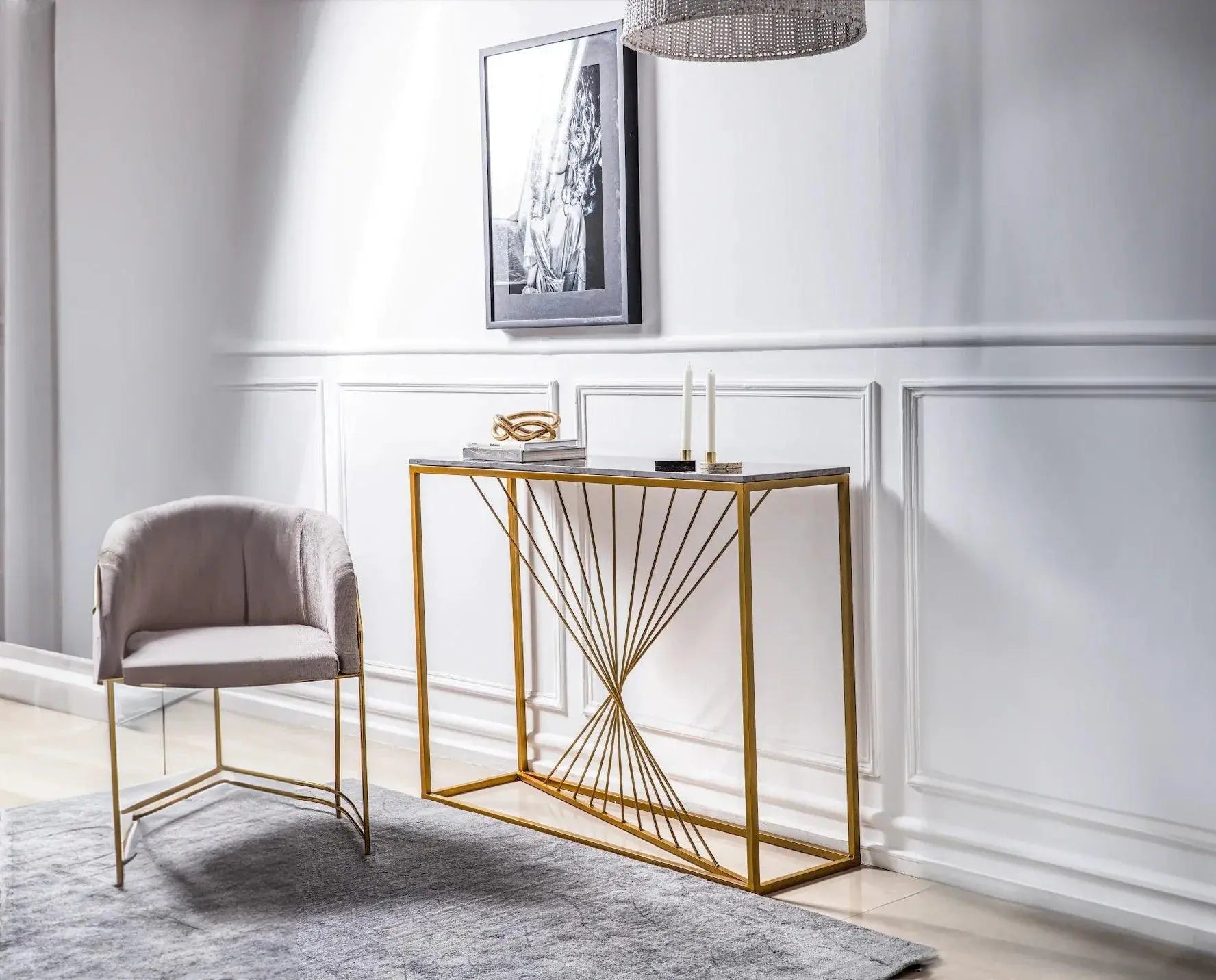 Luxury Marble Wall Console Table In Sleek Golden Rods Design - Decor Mantra 