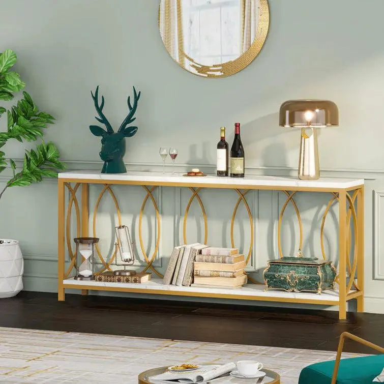 Luxury Style White Faux Marble Two Tier Console Table - Decor Mantra 