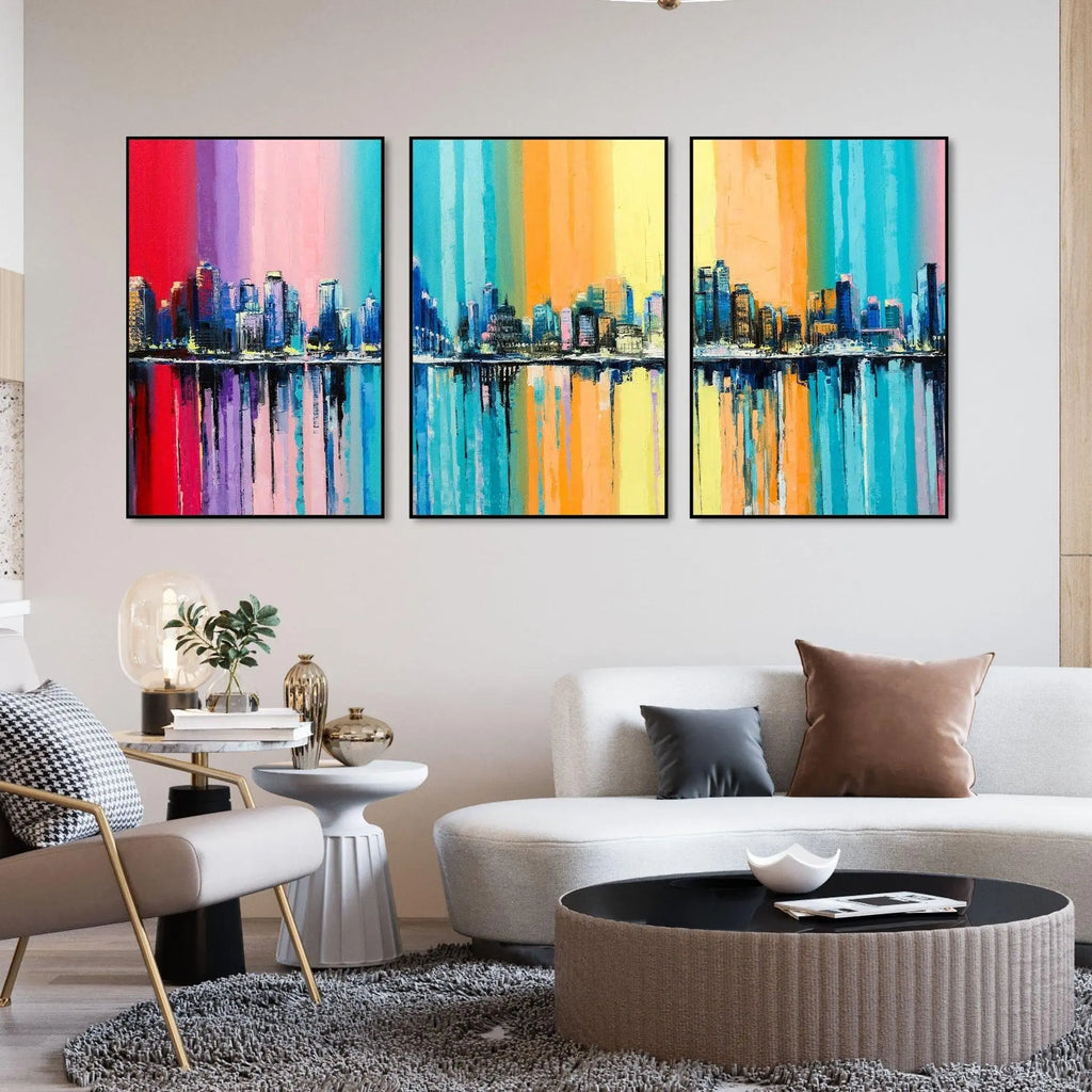 City Skyline Floating Canvas Wall Painting Set of Three - Decor Mantra 