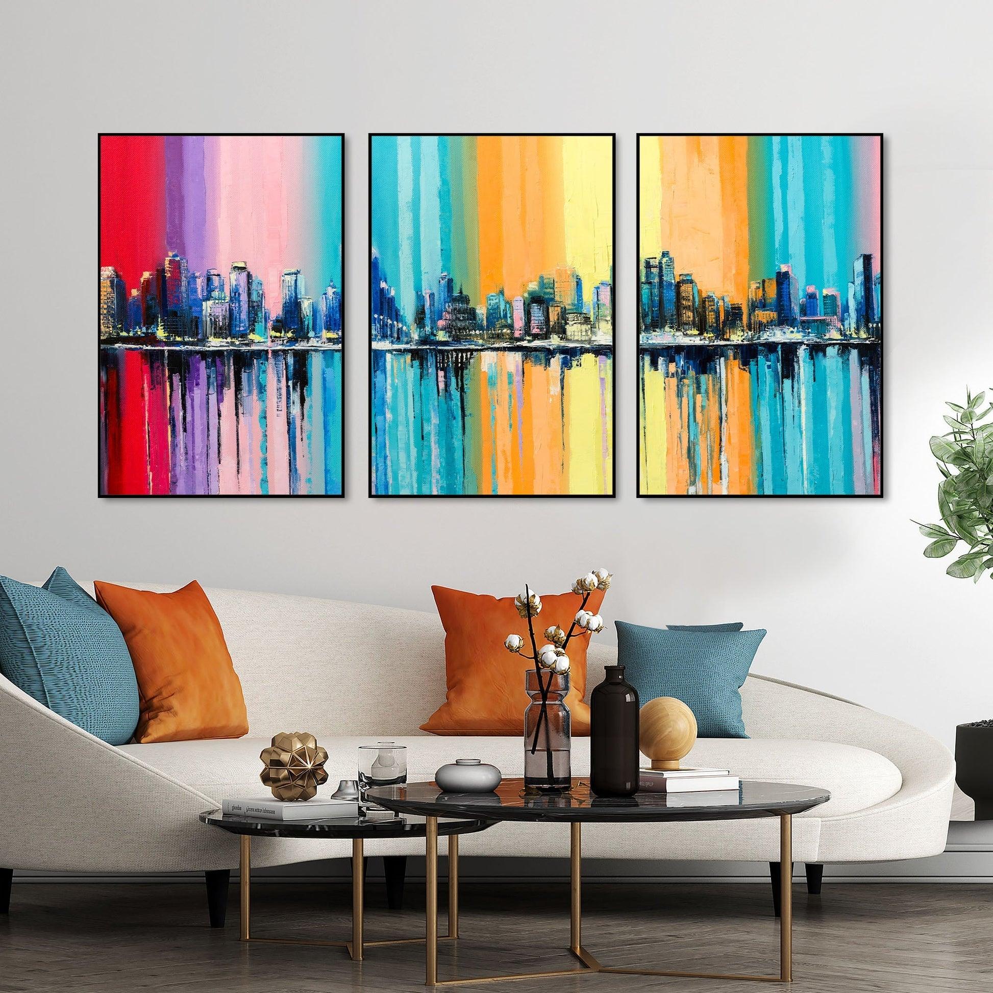City Skyline Floating Canvas Wall Painting Set of Three - Decor Mantra 