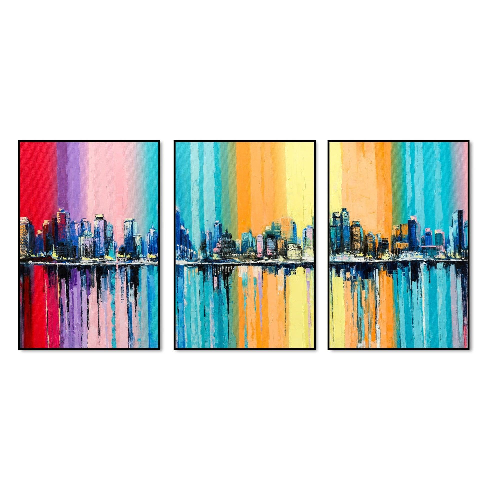 City Skyline Floating Canvas Wall Painting Set of Three - Decor Mantra 