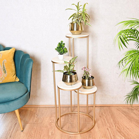 Metal Planter Stand With White Marble At Top - Decor Mantra 
