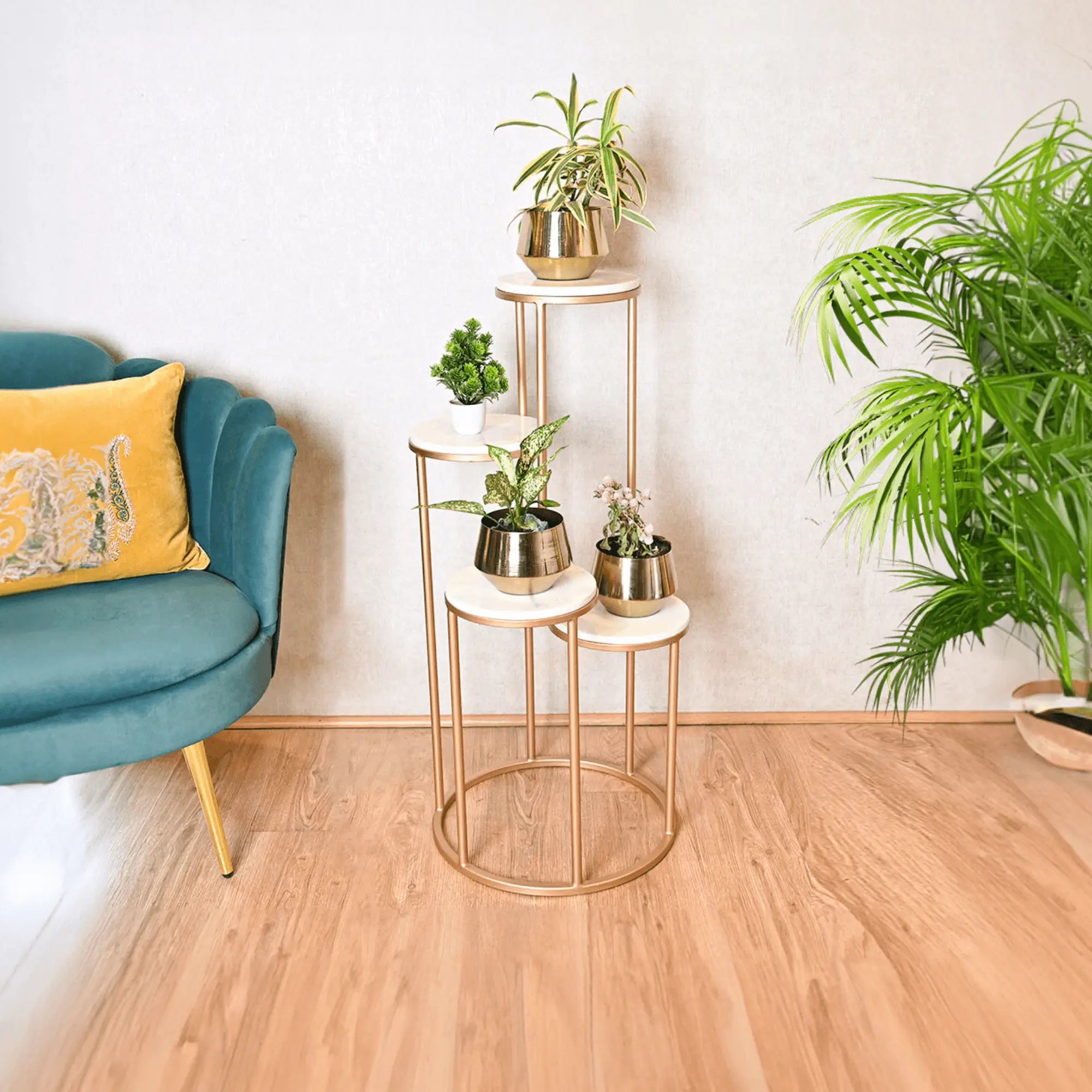 Metal Planter Stand With White Marble At Top - Decor Mantra 