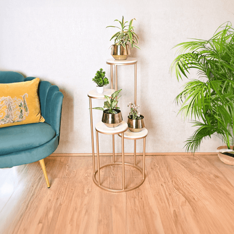 Metal Planter Stand With White Marble At Top - Decor Mantra 