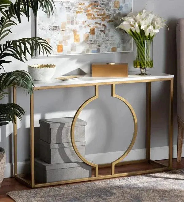 Metallic Ring Console Table with White Marble Table Top - Decor Mantra 