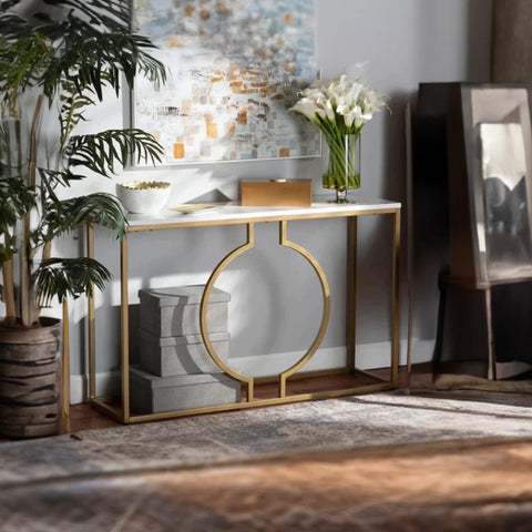 Metallic Ring Console Table with White Marble Table Top - Decor Mantra 