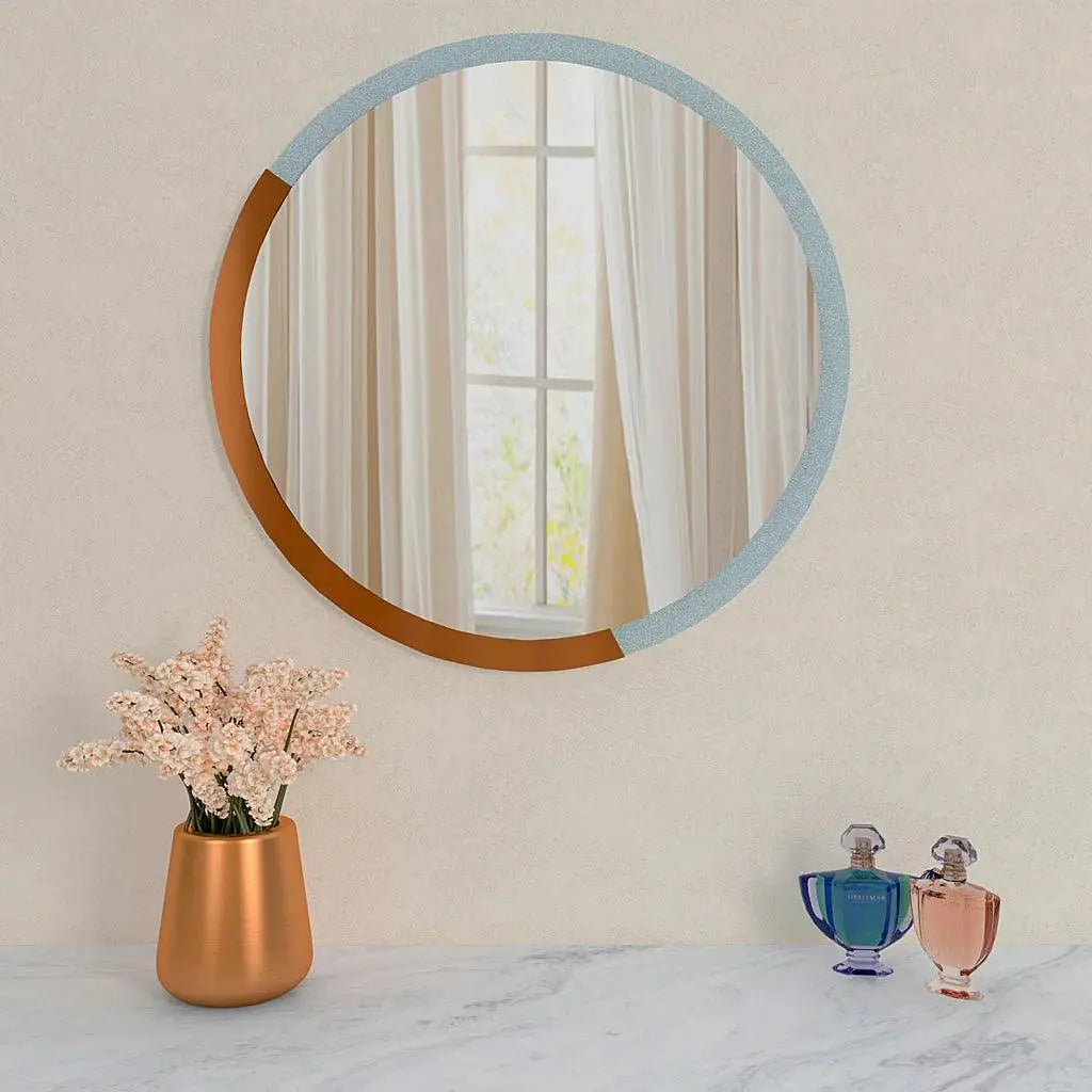 Minimalist Copper & Silver Finish Round Wooden Wall Mirror - Decor Mantra 