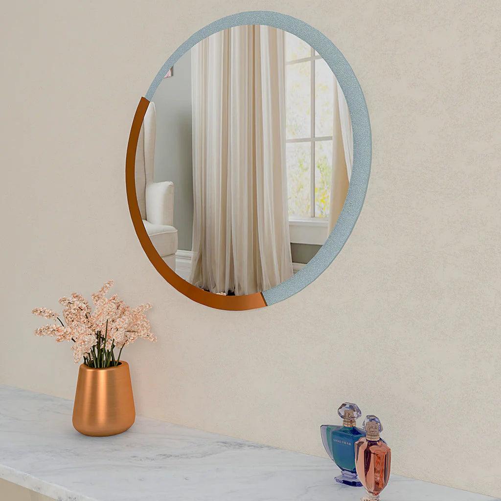 Minimalist Copper & Silver Finish Round Wooden Wall Mirror - Decor Mantra 