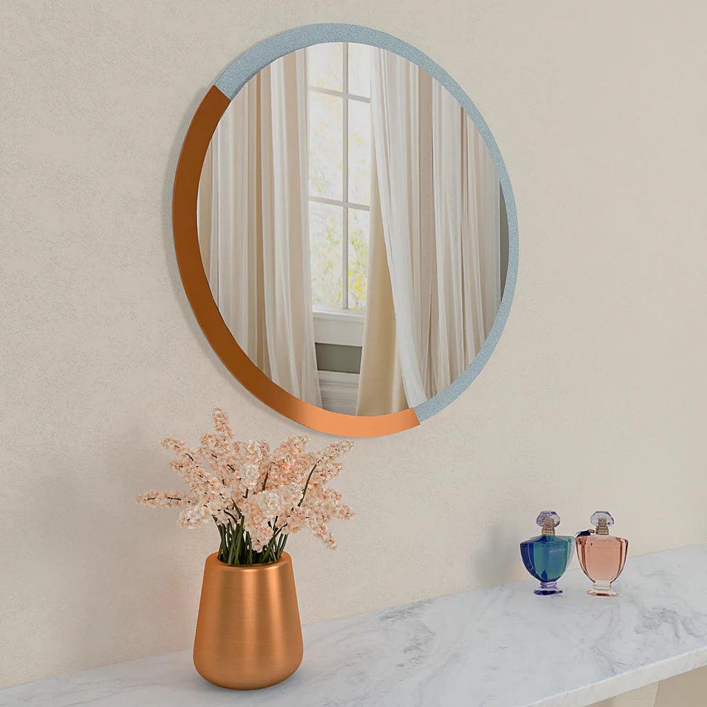 Minimalist Copper & Silver Finish Round Wooden Wall Mirror - Decor Mantra 