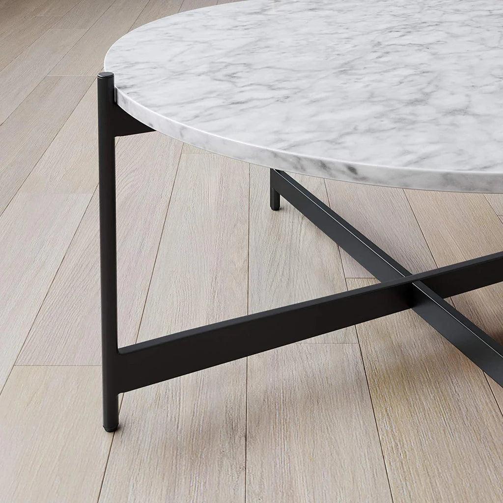 Minimalist Matte Finish Black Metal Centre Table In Criss Cross Design - Decor Mantra 