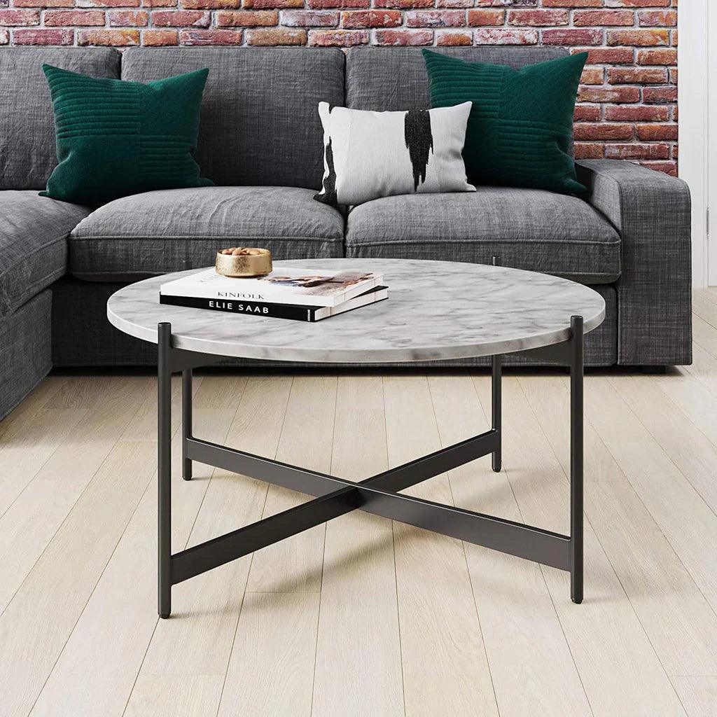 Minimalist Matte Finish Black Metal Centre Table In Criss Cross Design - Decor Mantra 