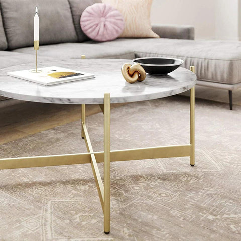 Minimalist Metal Center Table in Criss Cross Matte Finish Gold Base - Decor Mantra 