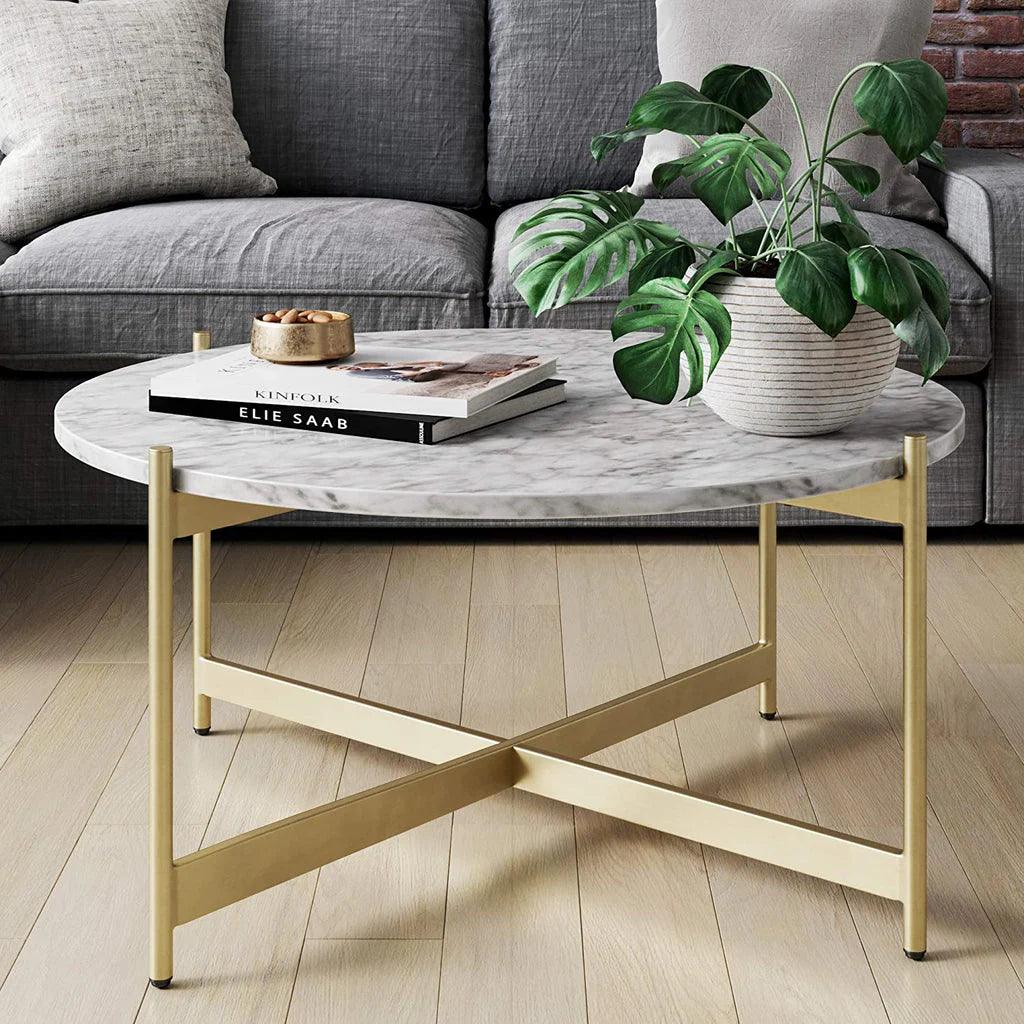 Minimalist Metal Center Table in Criss Cross Matte Finish Gold Base - Decor Mantra 