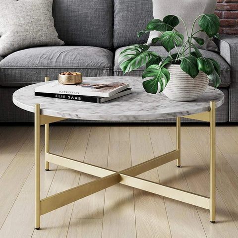 Minimalist Metal Center Table in Criss Cross Matte Finish Gold Base - Decor Mantra 