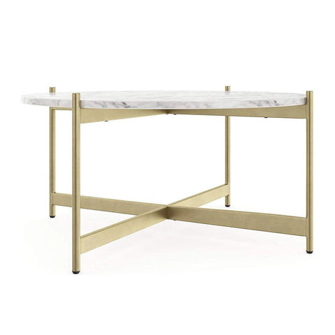Minimalist Metal Center Table in Criss Cross Matte Finish Gold Base - Decor Mantra 