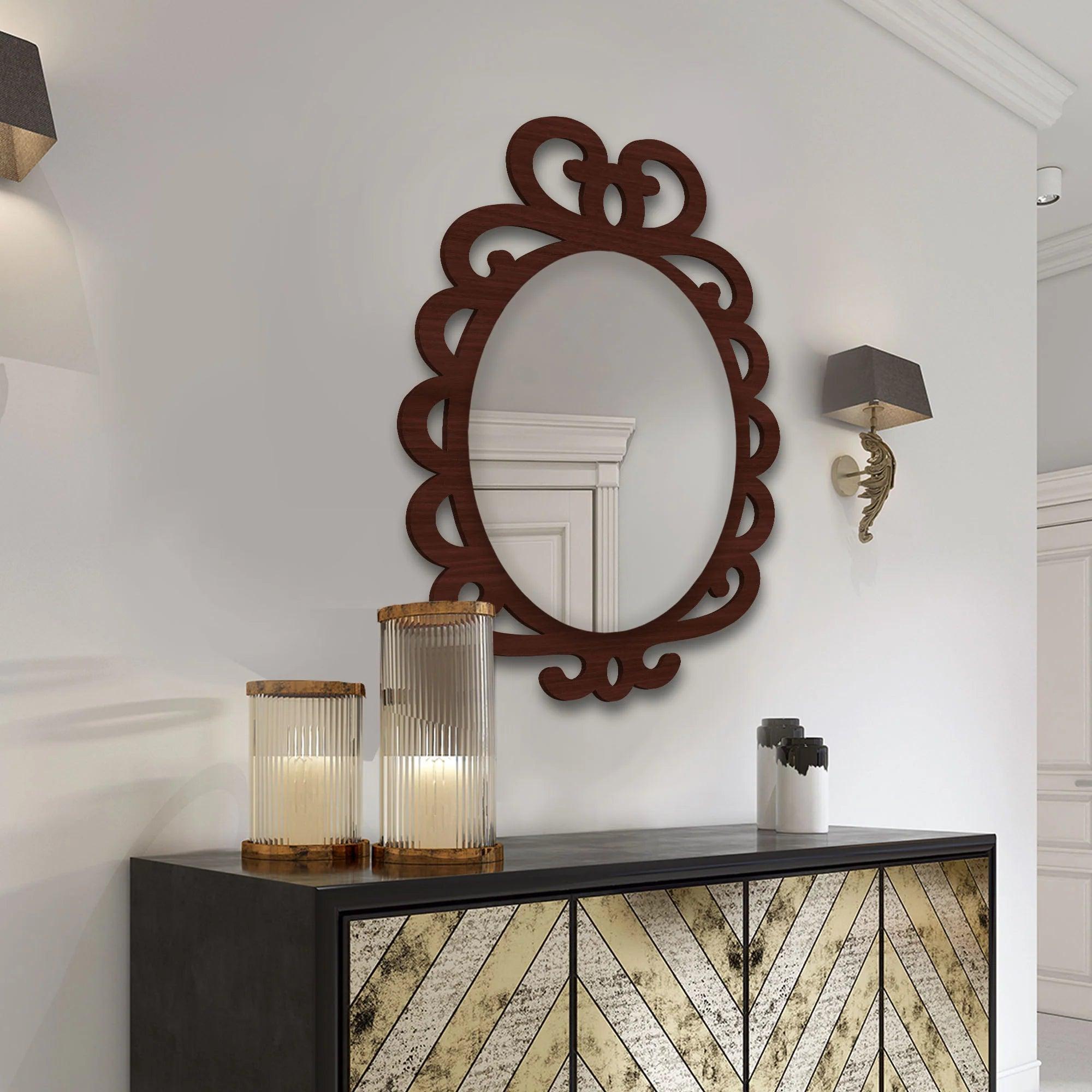 Modern Decorative Brown Oval Shape Wooden Wall Mirror - Decor Mantra 