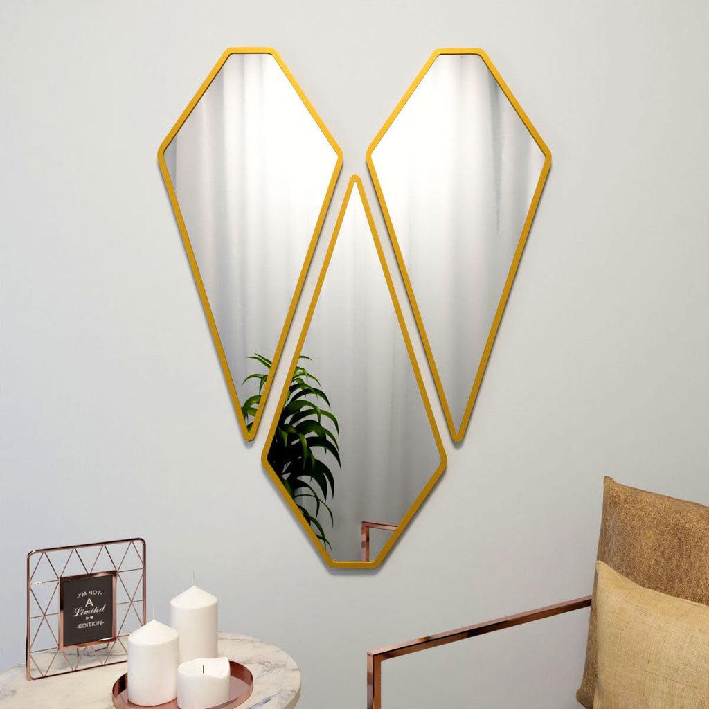 Modern Diamond Shape Vanity Mirrors Set of 3 with Golden Finish Frame - Decor Mantra 