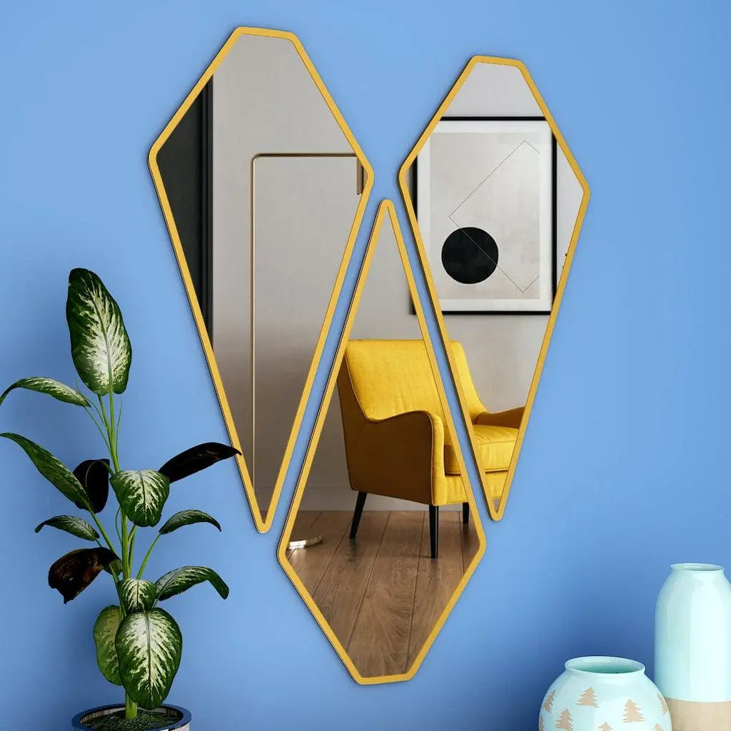 Modern Diamond Shape Vanity Mirrors Set of 3 with Golden Finish Frame - Decor Mantra 
