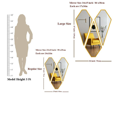 Modern Diamond Shape Vanity Mirrors Set of 3 with Golden Finish Frame - Decor Mantra 