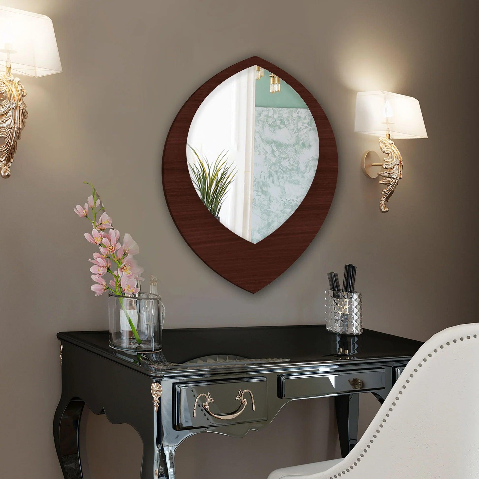 Modern Leaf Shape Designer Decorative Art Wooden Wall Mirror - Decor Mantra 