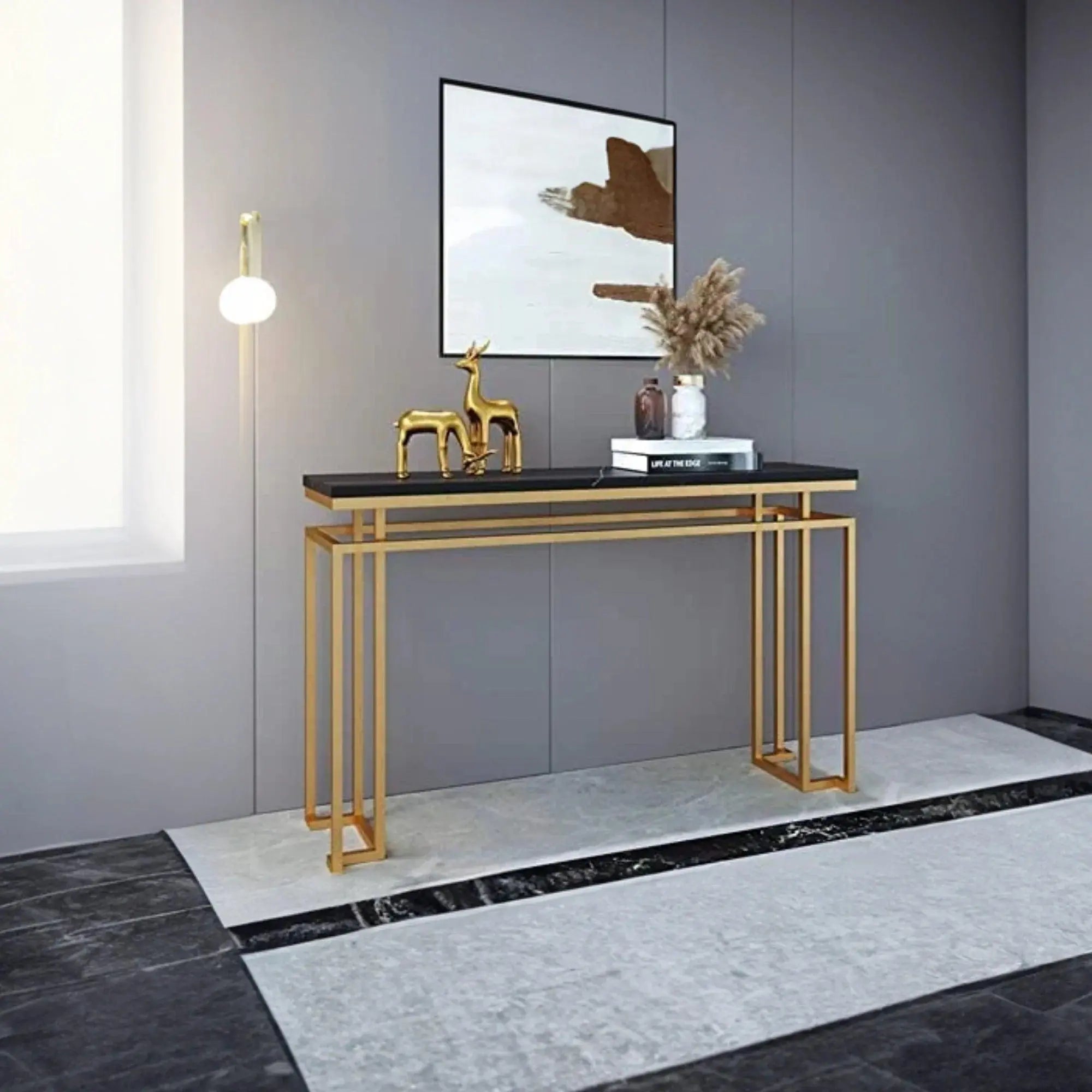 Modern Luxury Black Marble Console Table with Metal Finish - Decor Mantra 