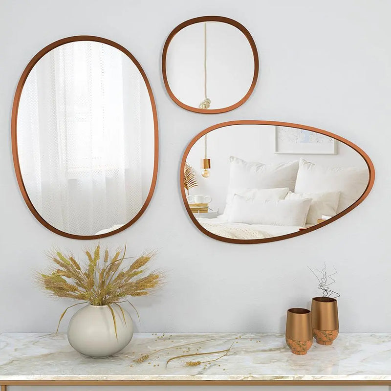Modern Pebble Shaped Wall Mirrors Set of 3 with Copper Finish - Decor Mantra 