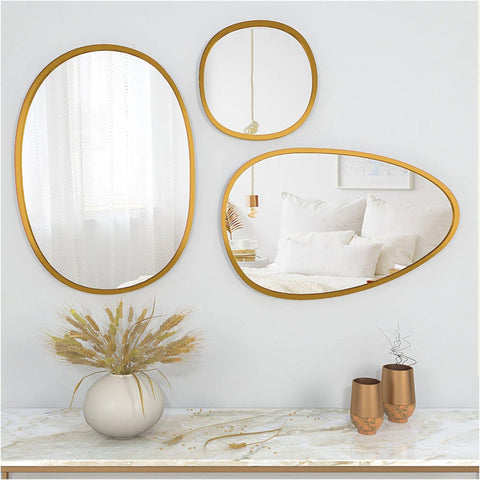 Modern Pebble Shaped Wall Mirrors Set of 3 with Golden Finish - Decor Mantra 