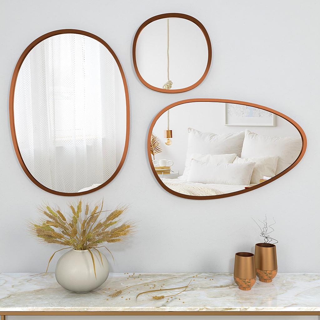 Modern Pebble Shaped Wall Mirrors Set of 3 with Copper Finish - Decor Mantra 