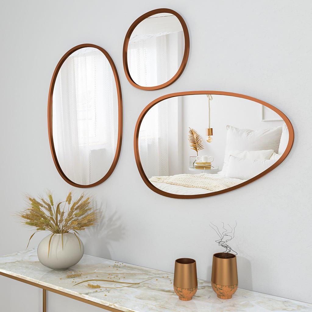 Modern Pebble Shaped Wall Mirrors Set of 3 with Copper Finish - Decor Mantra 